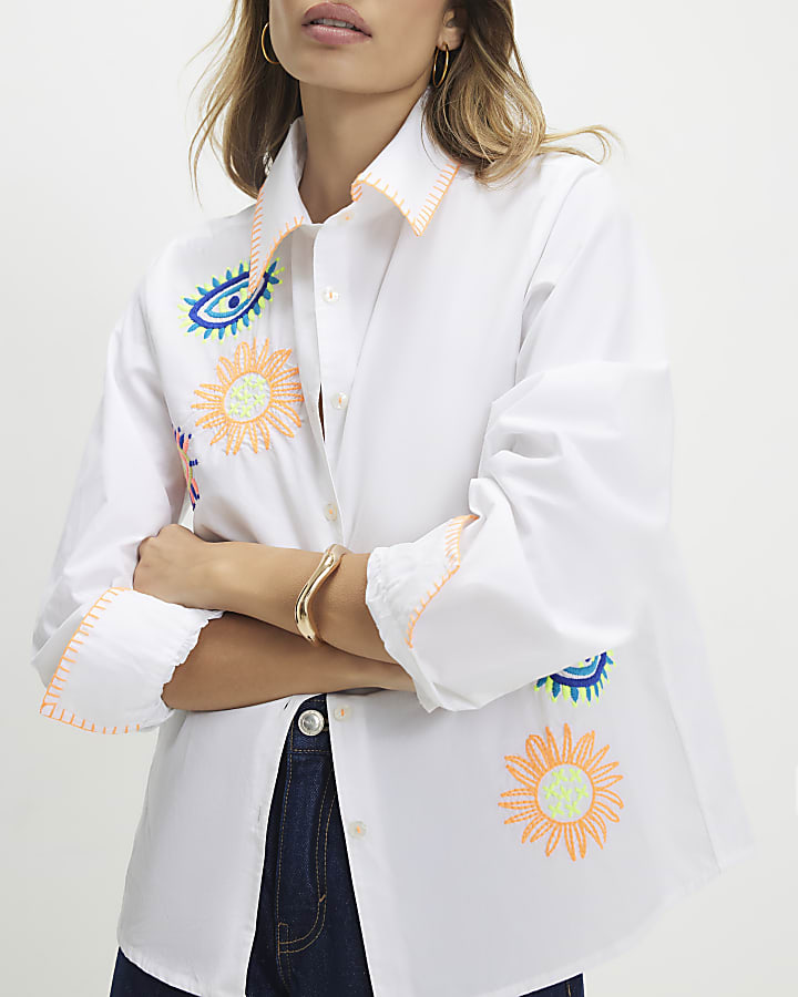 White Embroidered Graphic Shirt