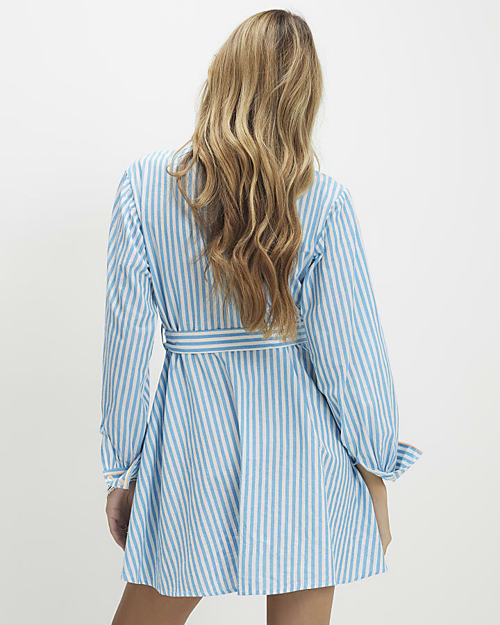 Blue Striped Conversational Print Shirt dress