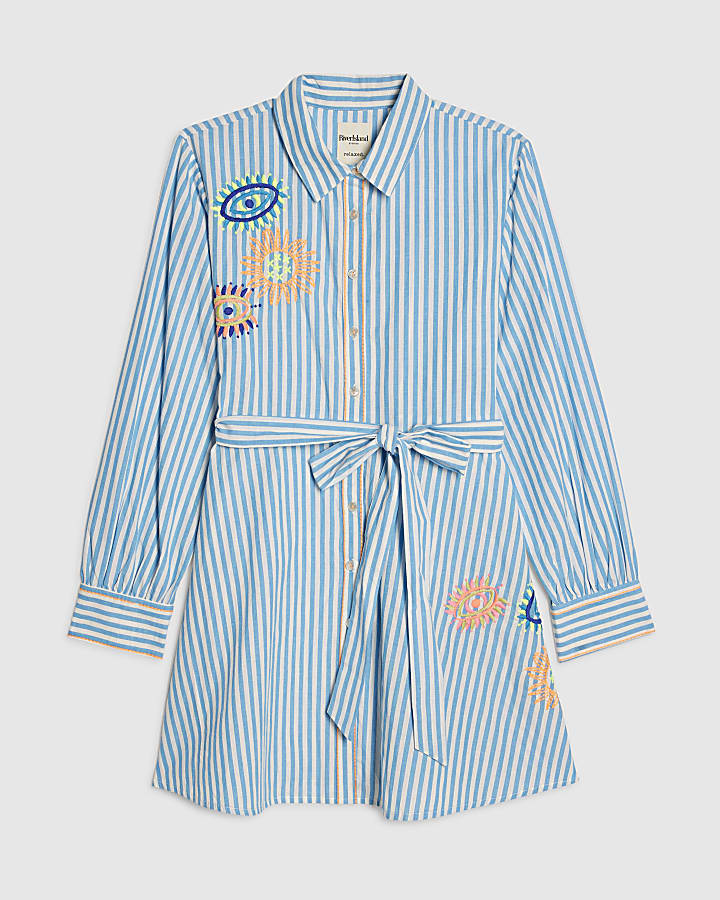 Blue Striped Conversational Print Shirt dress