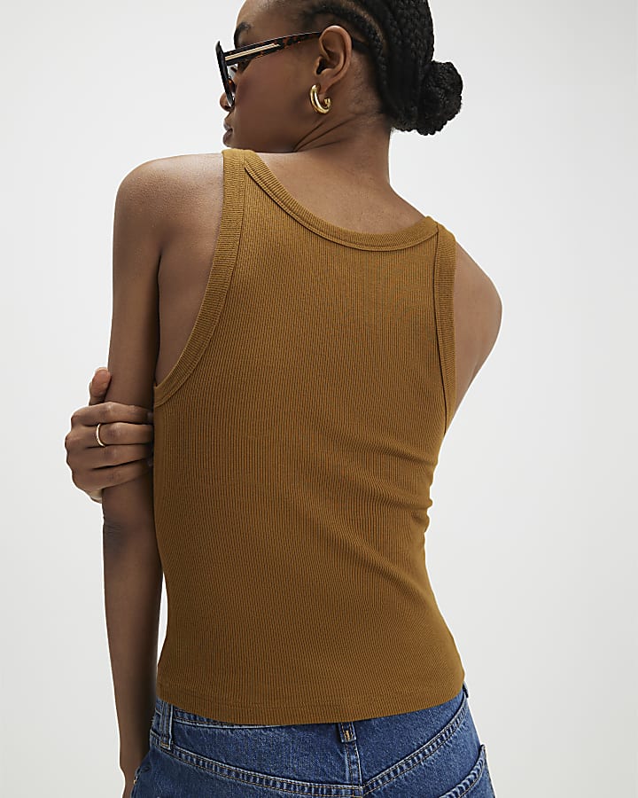 Brown Sleeveless Ribbed Tank Top