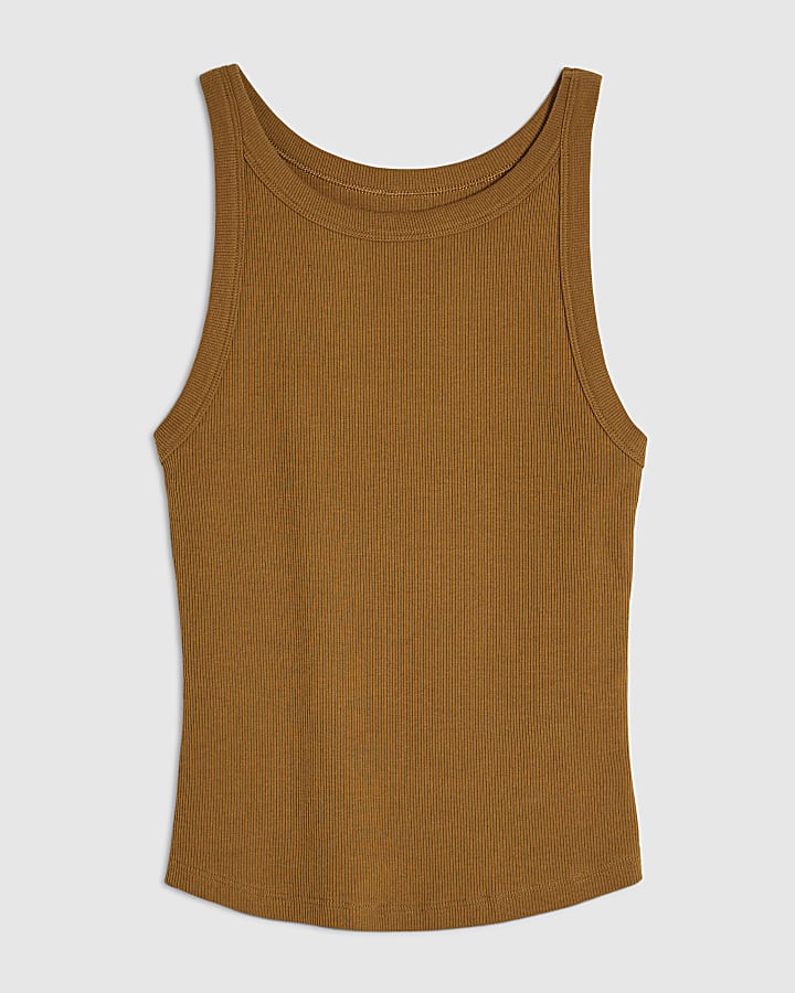 Brown Sleeveless Ribbed Tank Top