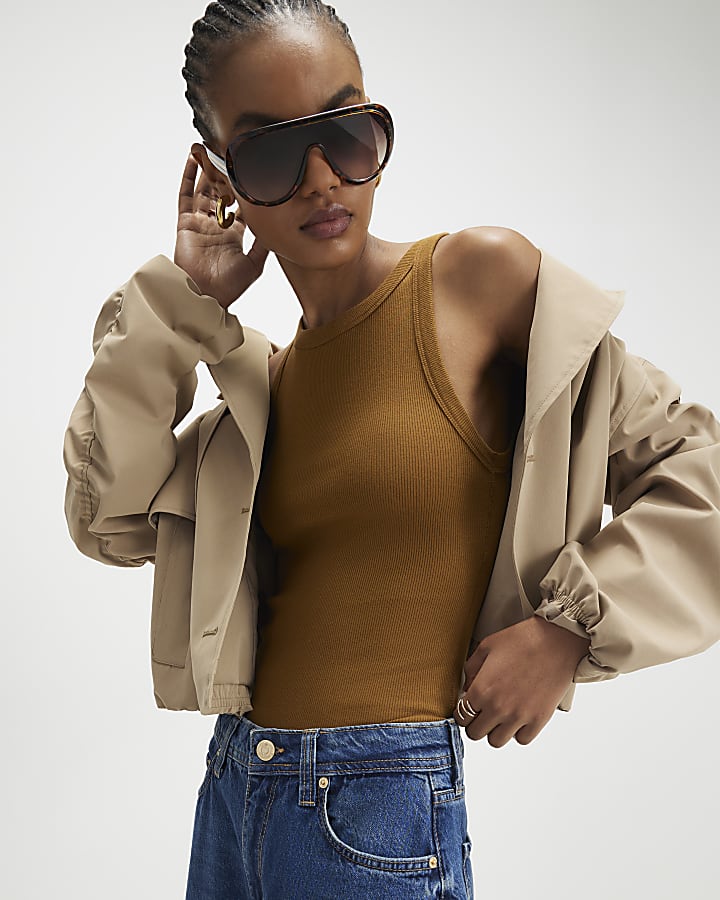 Brown Sleeveless Ribbed Tank Top