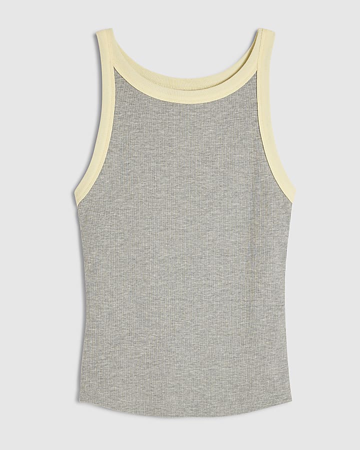 Grey Sleeveless Ribbed Tipped Tank Top