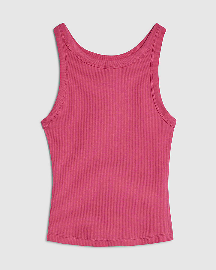 Pink Sleeveless Ribbed Tank Top