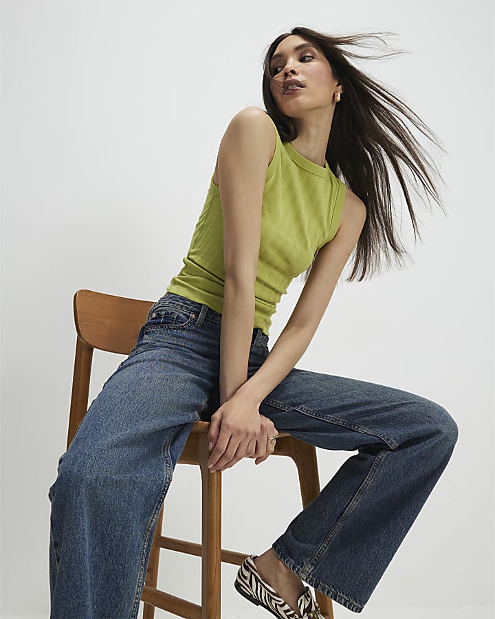 Green Sleeveless Wide Ribbed Tank Top