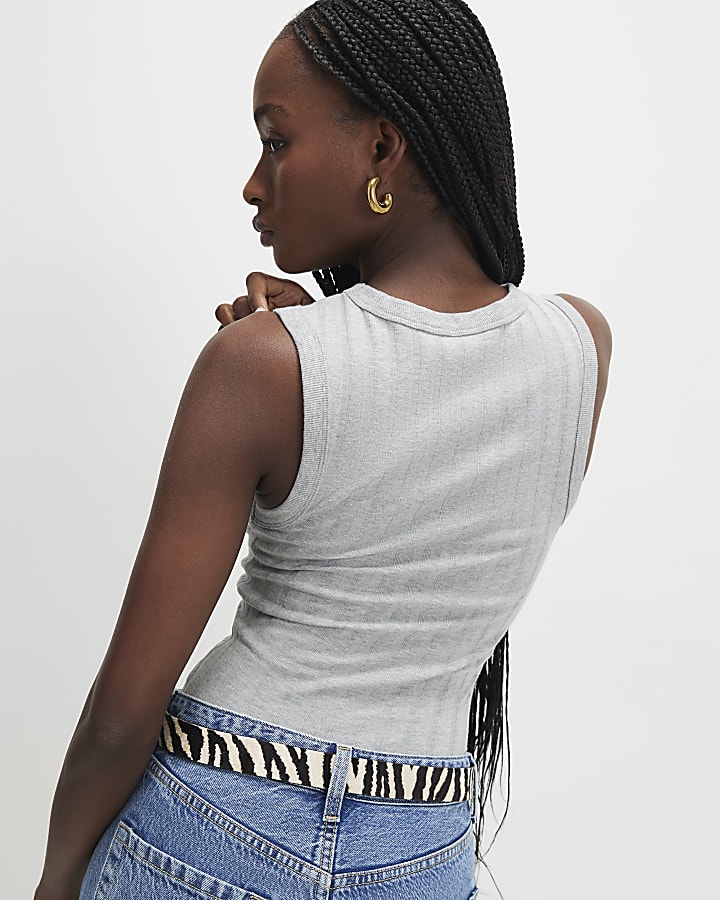 Grey Sleeveless Wide Ribbed Tank Top