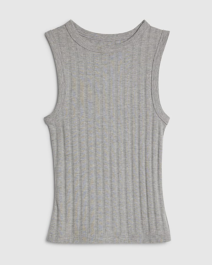 Grey Sleeveless Wide Ribbed Tank Top
