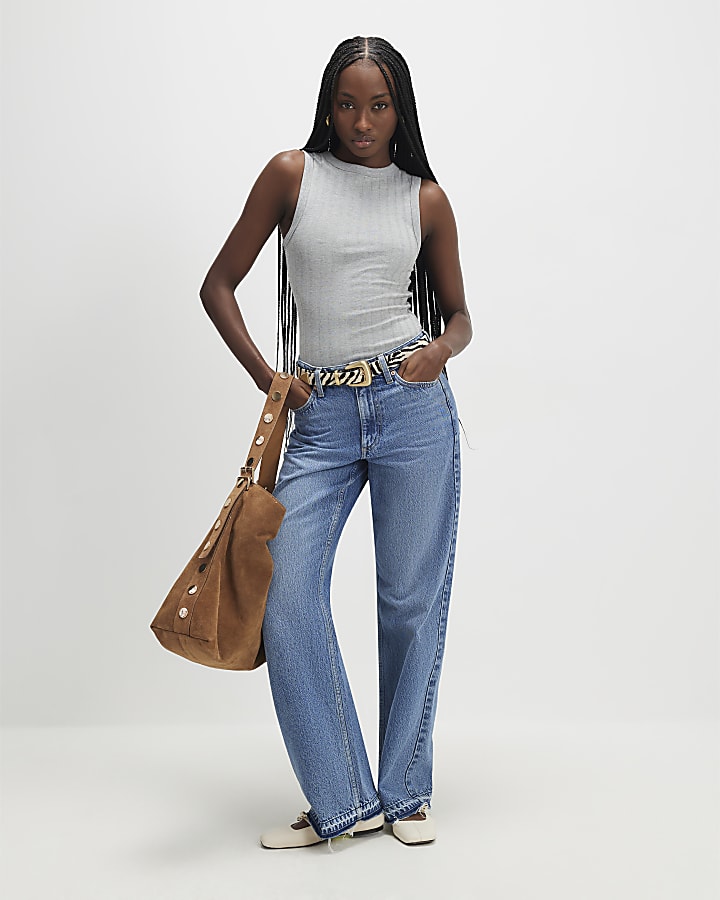 Grey Sleeveless Wide Ribbed Tank Top