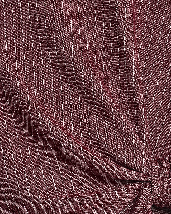 Red Short Sleeve Pinstripe Tie Detail Top