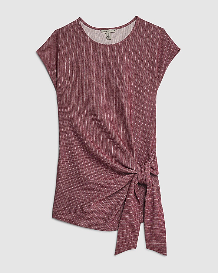 Red Short Sleeve Pinstripe Tie Detail Top