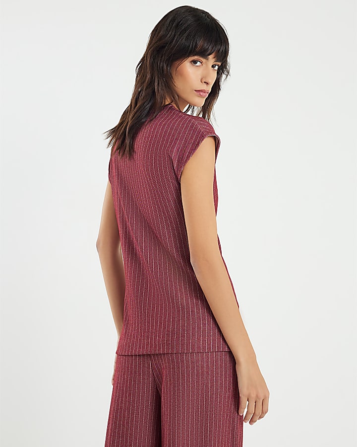Red Short Sleeve Pinstripe Tie Detail Top