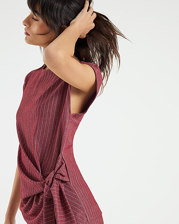 Red Short Sleeve Pinstripe Tie Detail Top