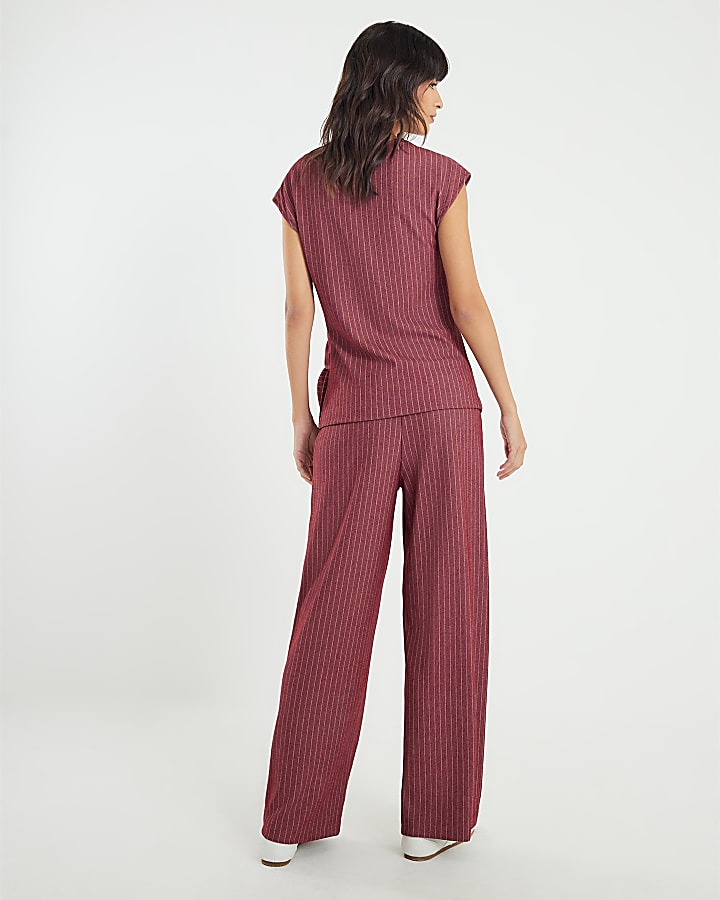 Red Pinstripe Drawstring Wide Leg Trousers