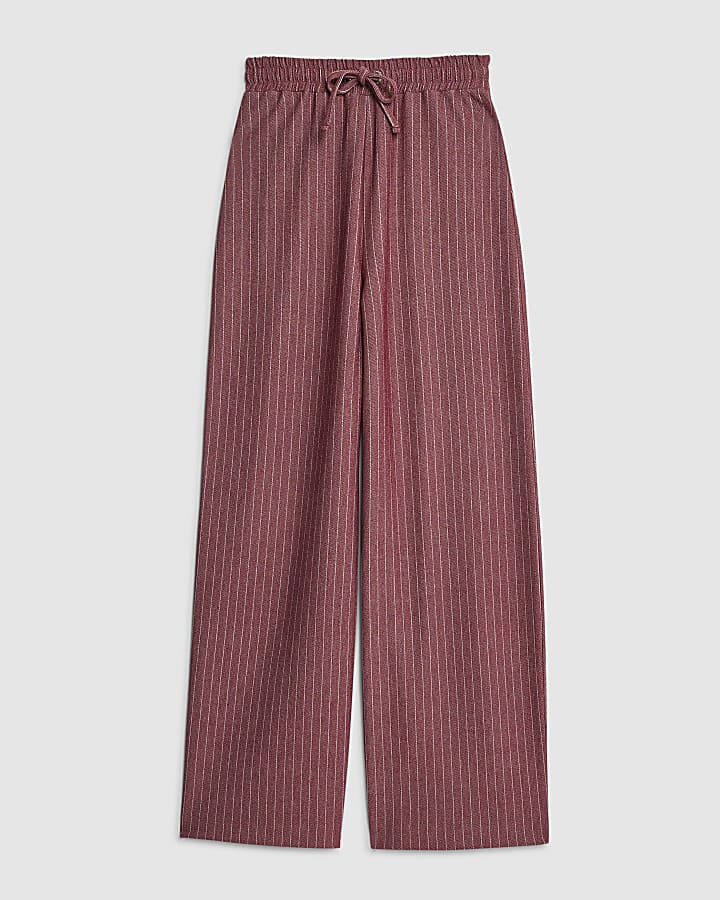 Red Pinstripe Drawstring Wide Leg Trousers
