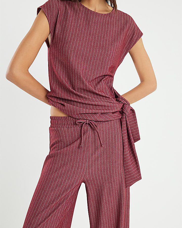 Red Pinstripe Drawstring Wide Leg Trousers