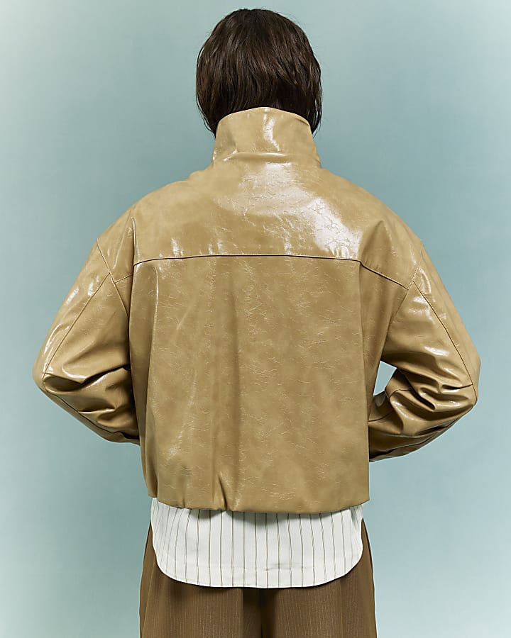 Beige Vinyl Funnel Neck Bomber Jacket