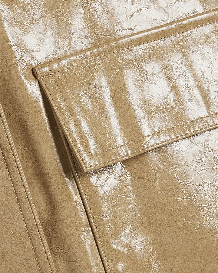 Beige Vinyl Funnel Neck Bomber Jacket