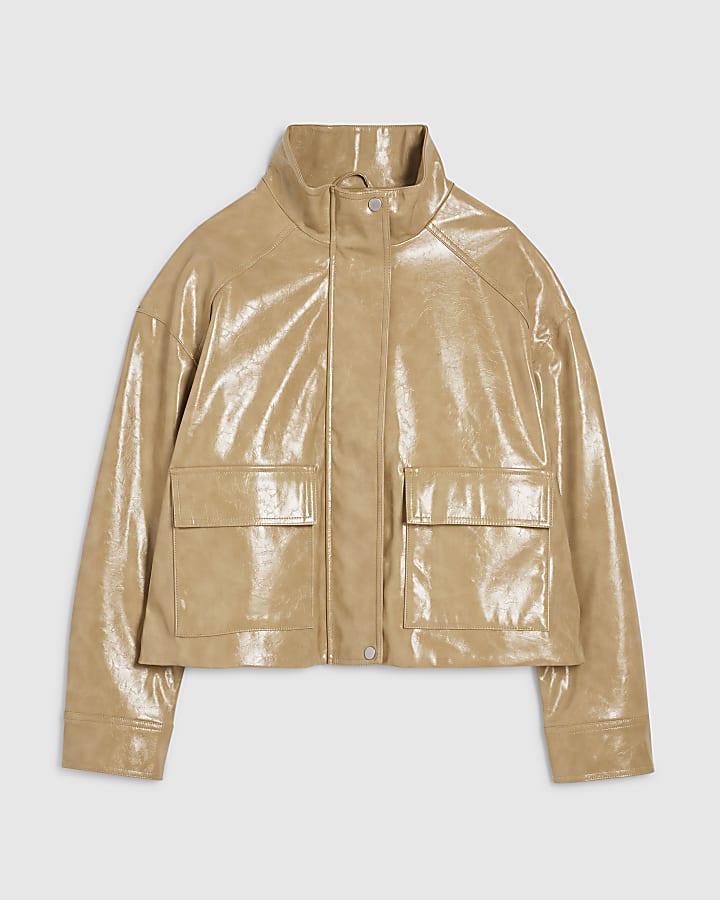 Beige Vinyl Funnel Neck Bomber Jacket