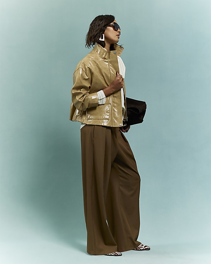 Beige Vinyl Funnel Neck Bomber Jacket