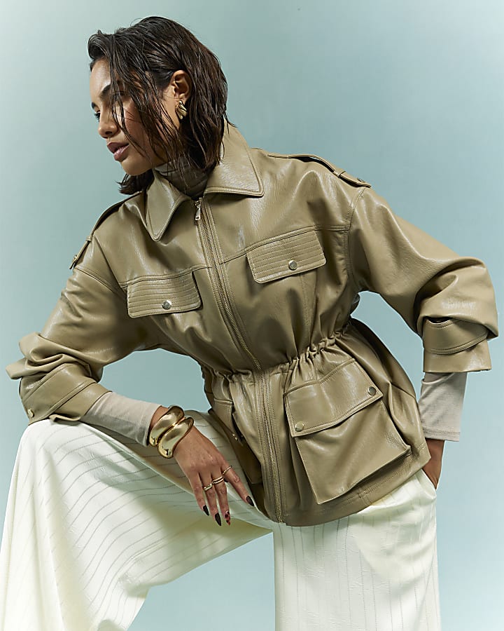 Beige Utility Cinched Waist Jacket