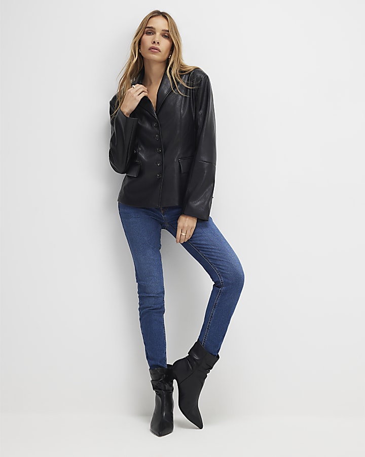 Black Fitted Faux Leather Blazer