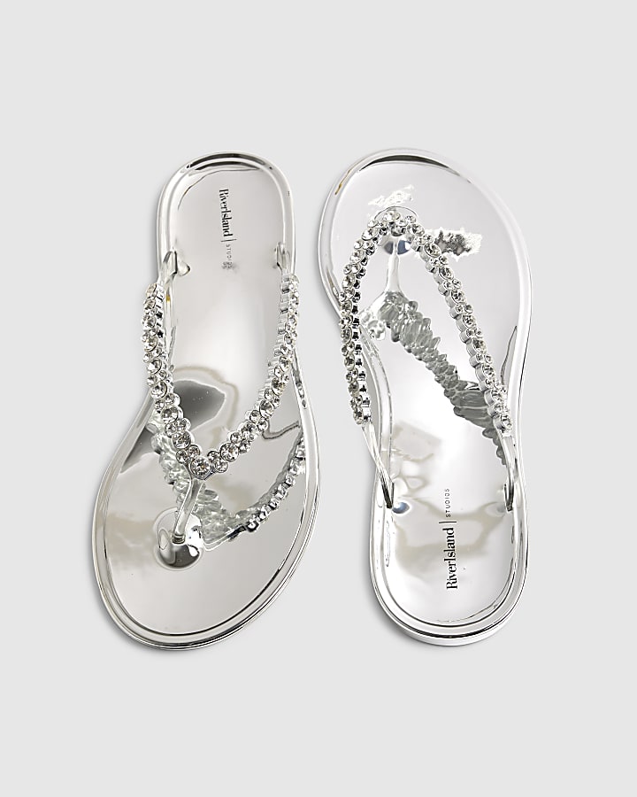 Silver Diamante Jelly Flip Flops