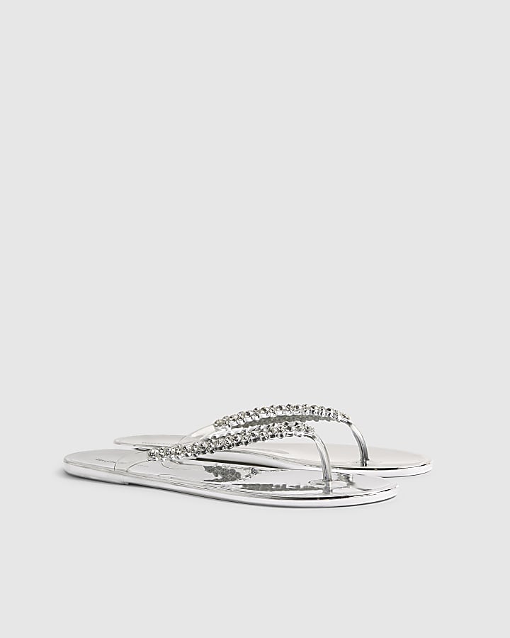 Silver Diamante Jelly Flip Flops