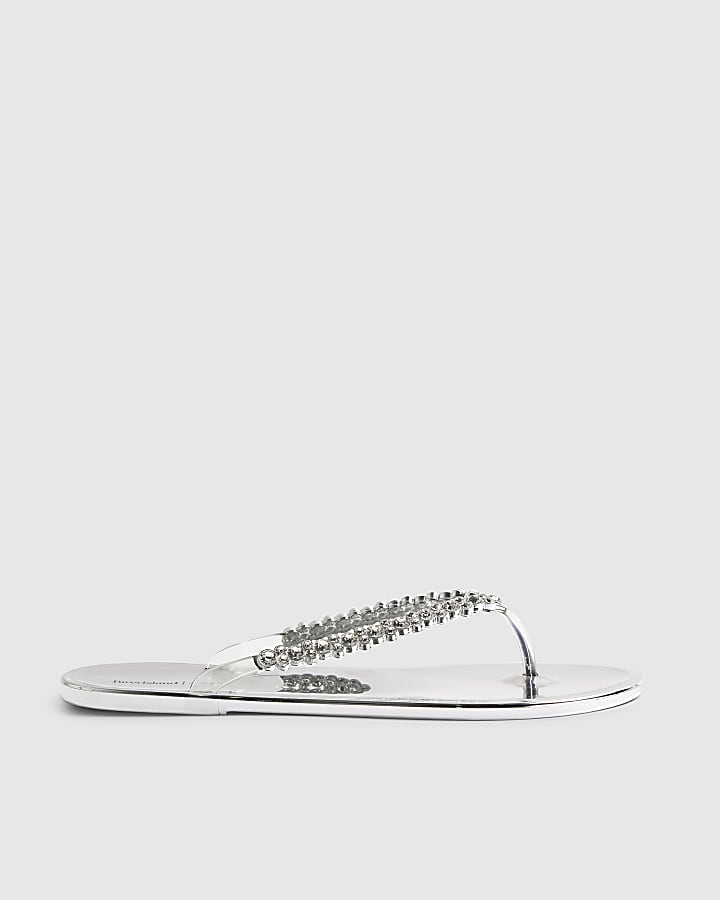 Silver Diamante Jelly Flip Flops