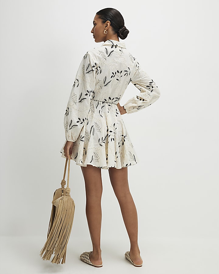 Cream Embroidered Mini Shirt Dress
