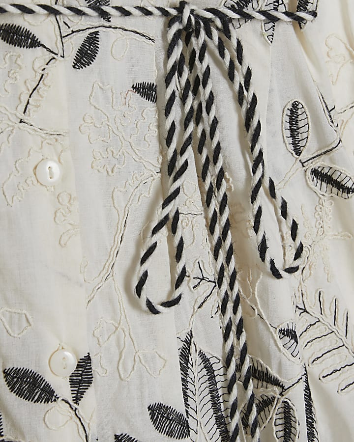 Cream Embroidered Mini Shirt Dress