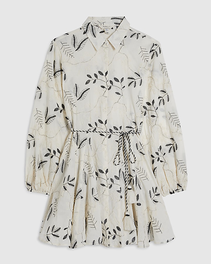 Cream Embroidered Mini Shirt Dress