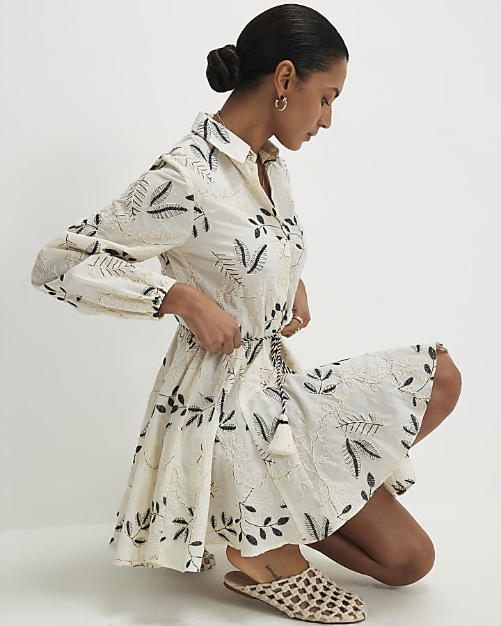 Cream Embroidered Mini Shirt Dress