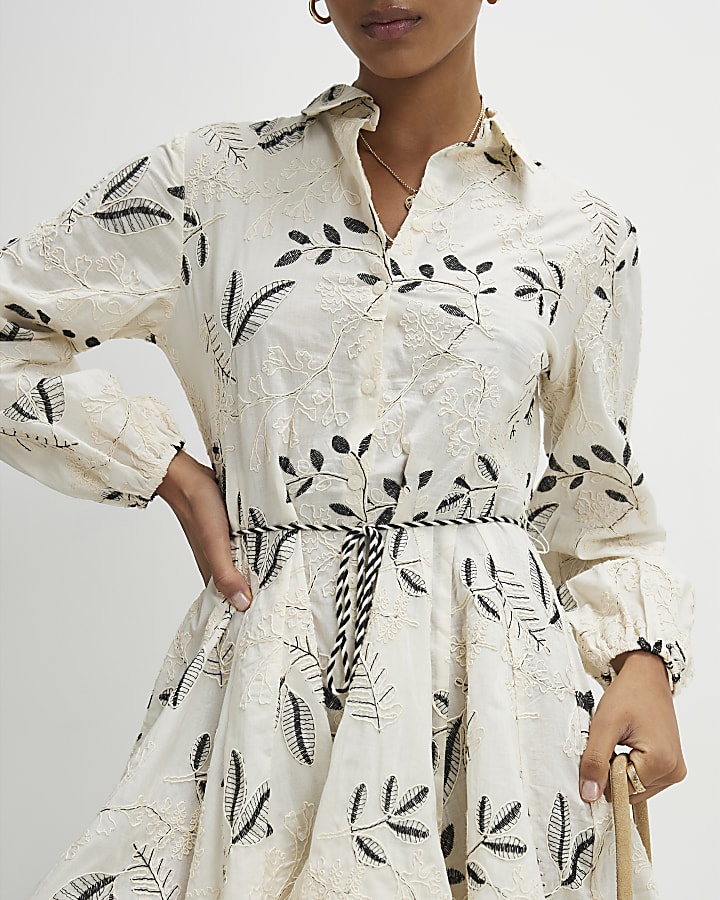 Cream Embroidered Mini Shirt Dress