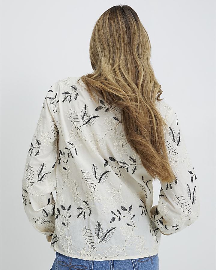 Cream Long Sleeve Embroidered Blouse