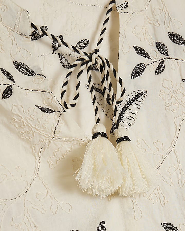 Cream Long Sleeve Embroidered Blouse