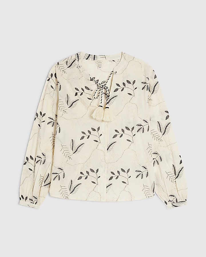 Cream Long Sleeve Embroidered Blouse