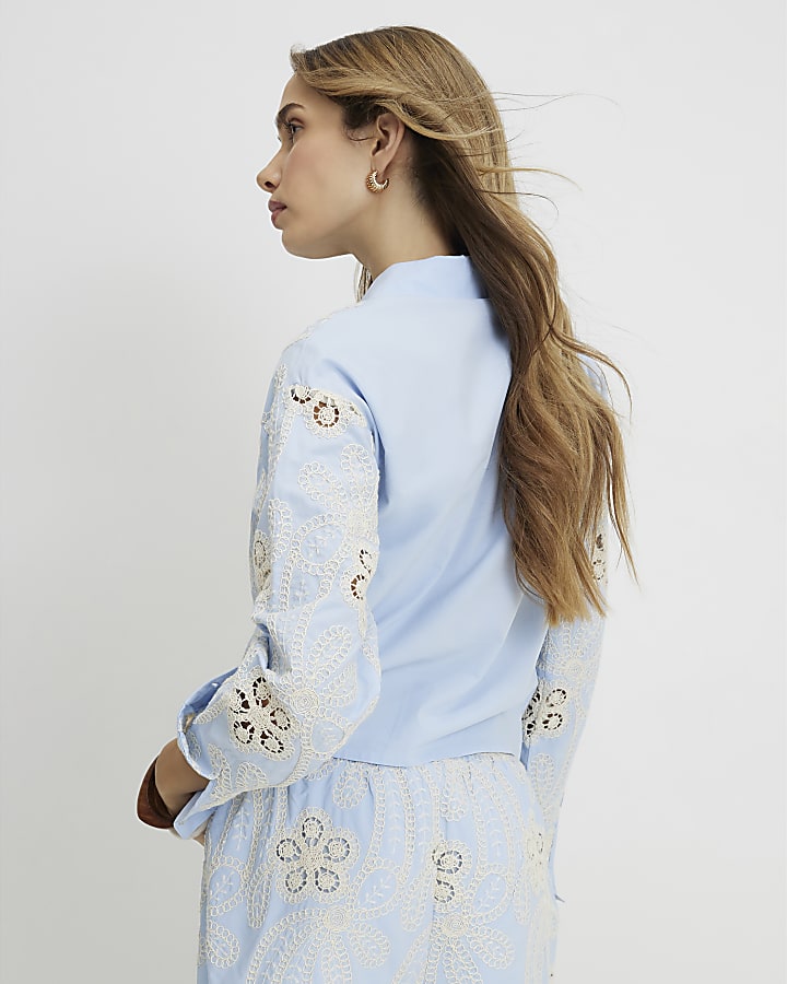 Blue Embroidered Cutwork Shirt
