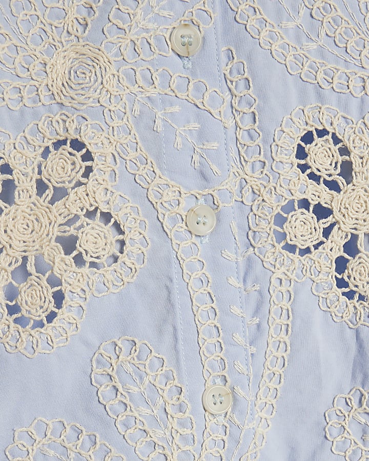 Blue Embroidered Cutwork Shirt