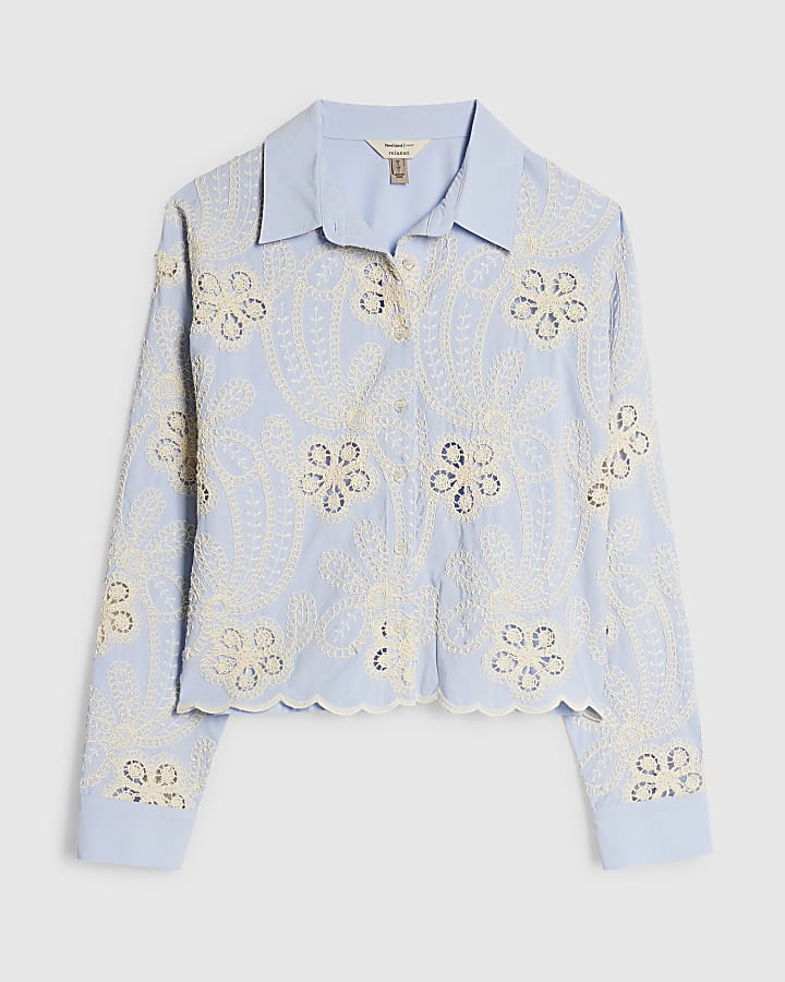 Blue Embroidered Cutwork Shirt