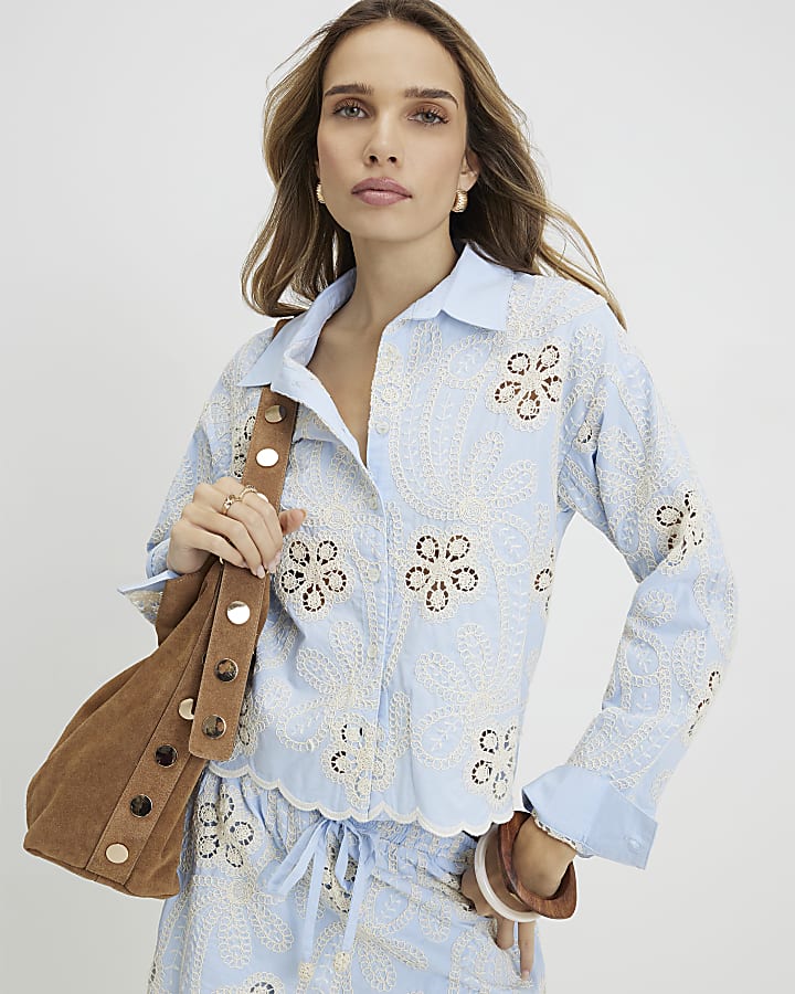 Blue Embroidered Cutwork Shirt