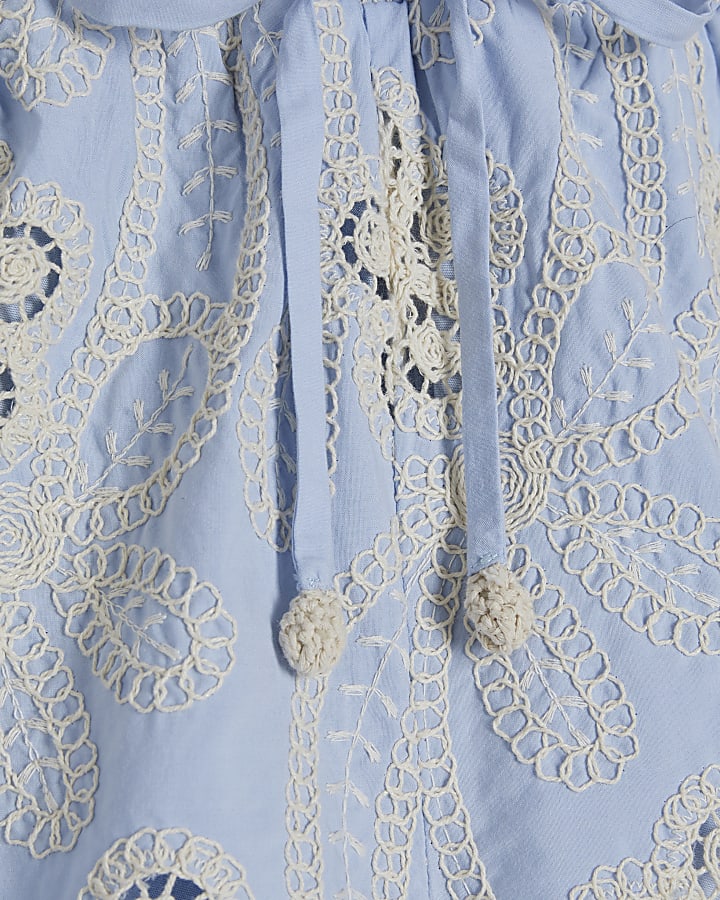 Blue Embroidered Cutwork Shorts