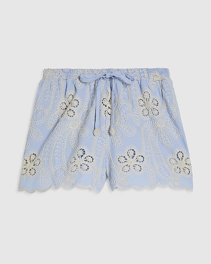 Blue Embroidered Cutwork Shorts