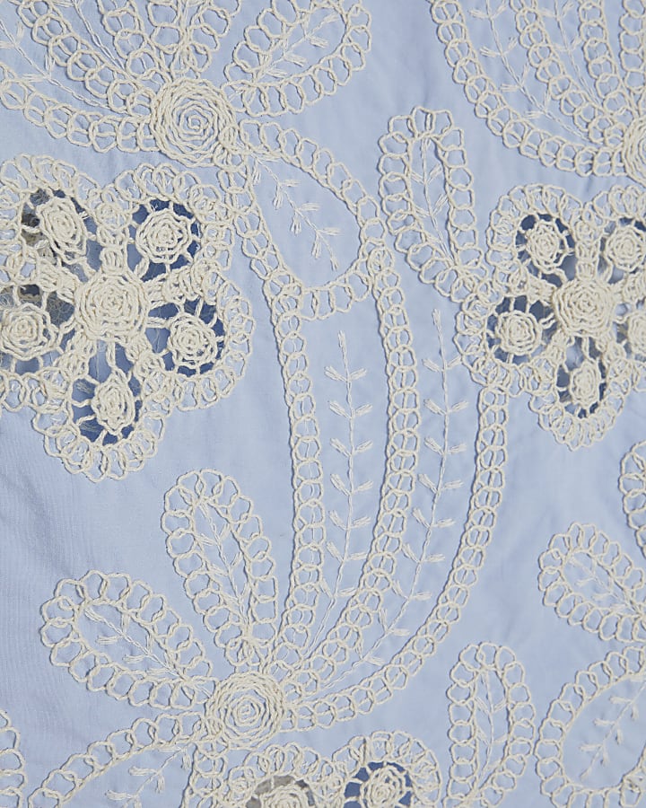 Blue Embroidered Cutwork Top