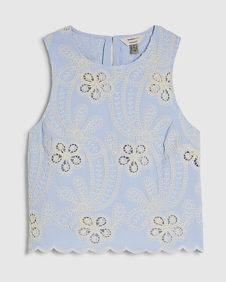 Blue Embroidered Cutwork Top