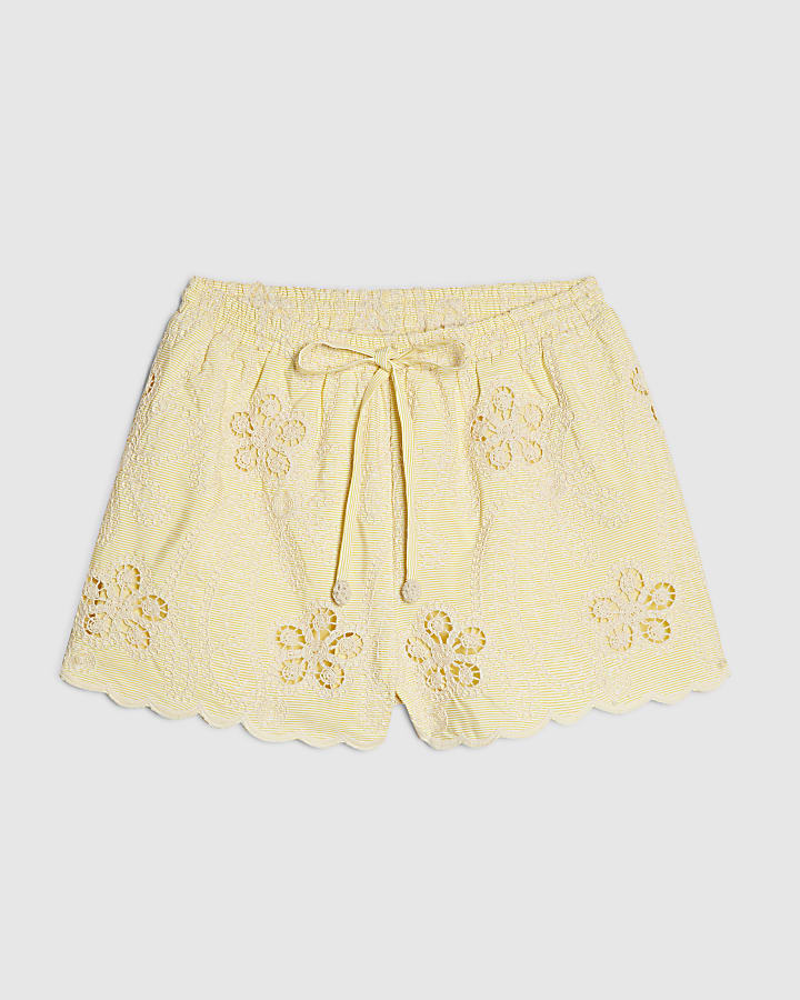 Yellow Embroidered Cutwork Shorts