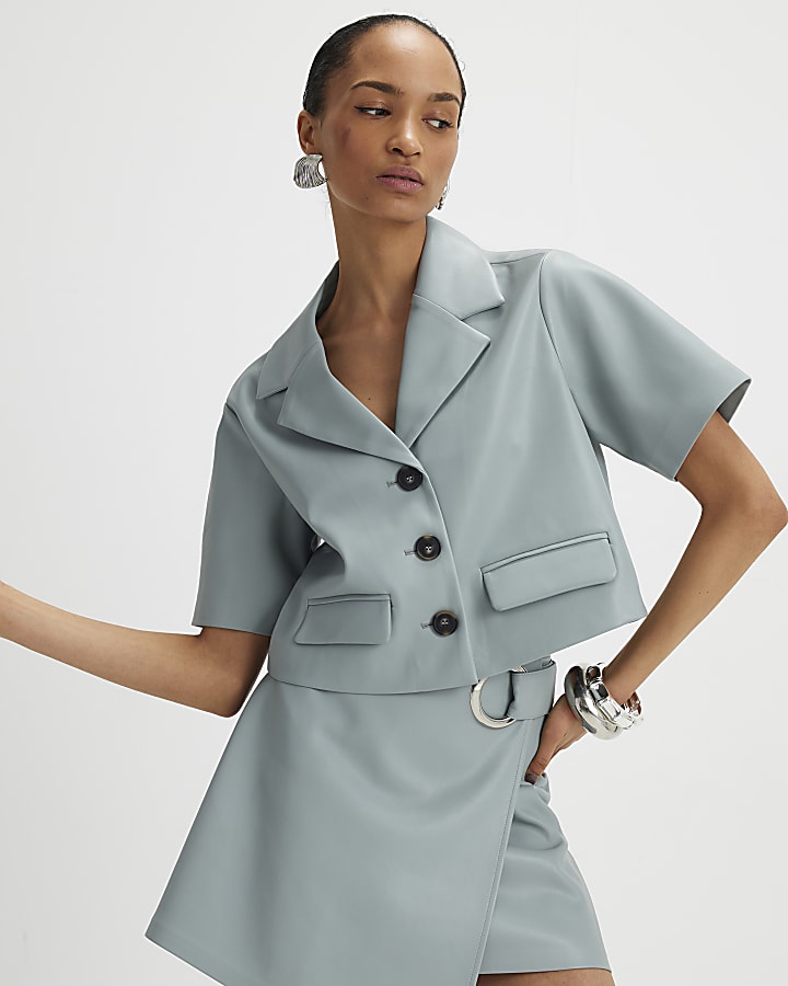 Blue Faux Leather Revere Collar Cropped Shirt