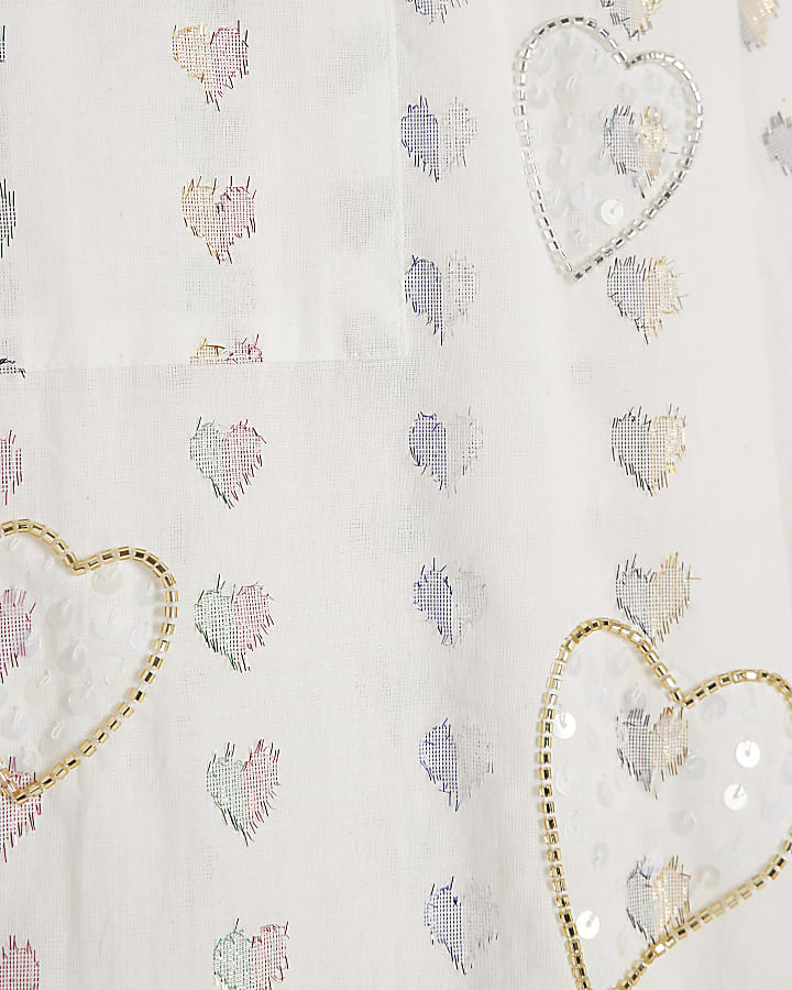 White Heart Embellished Shirt Pyjama Set