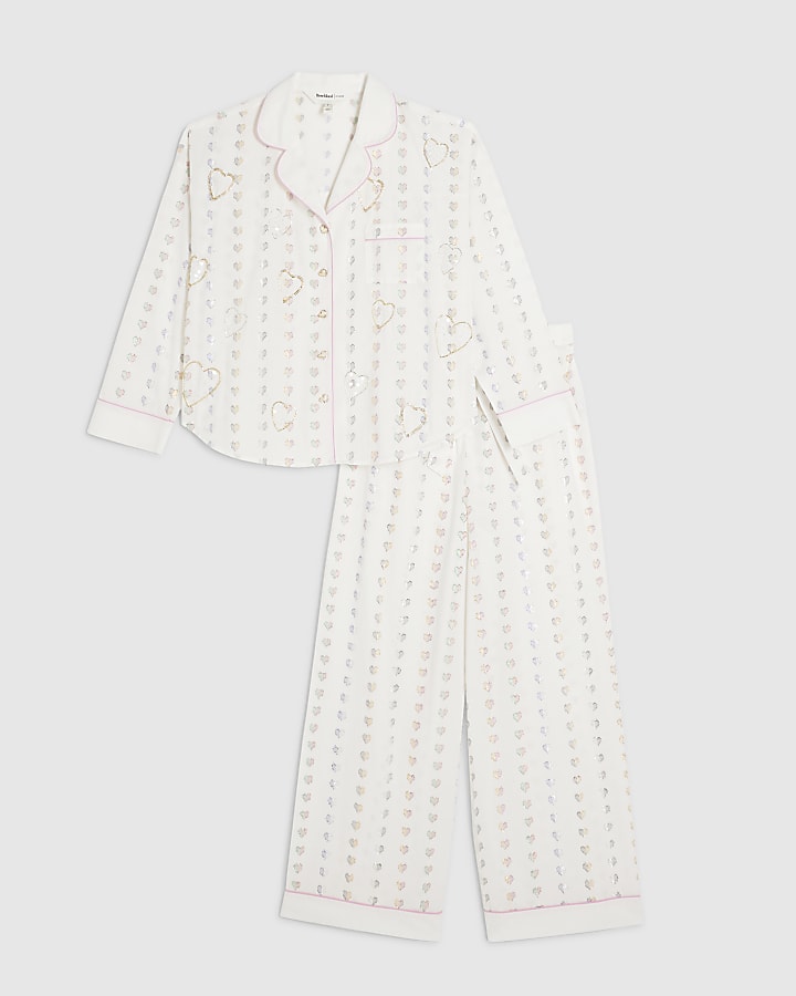 White Heart Embellished Shirt Pyjama Set