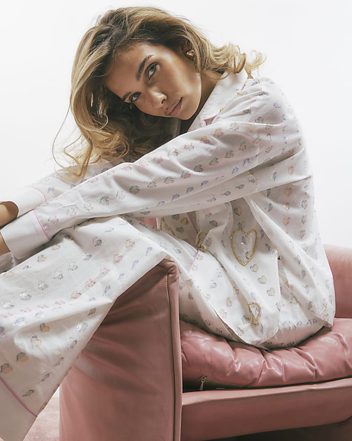 White Heart Embellished Shirt Pyjama Set