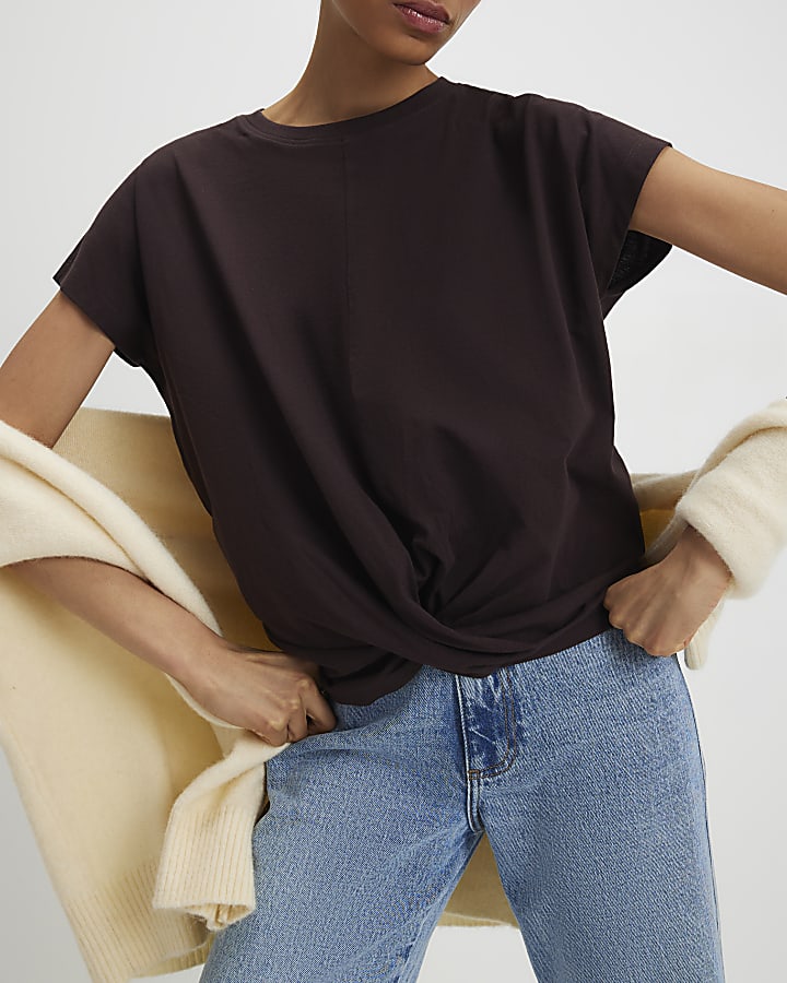 Brown Short Sleeve Twist Front T-Shirt